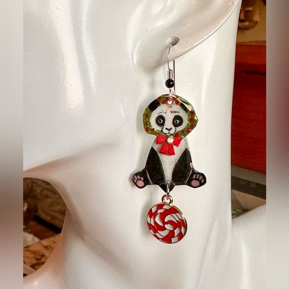 Handpainted Panda Bear earrings Xmas Christmas dangle OOAK lightweight Sterling - Picture 3 of 6